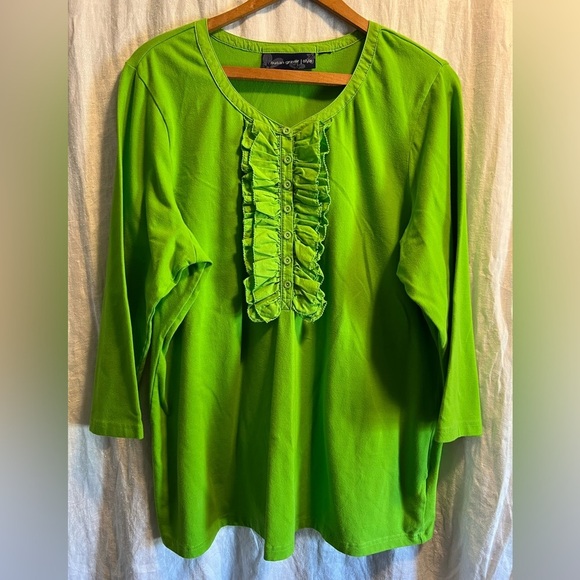 Susan Graver neon green shirt with ruffled button accent. Size XL? See photos. - Picture 1 of 8